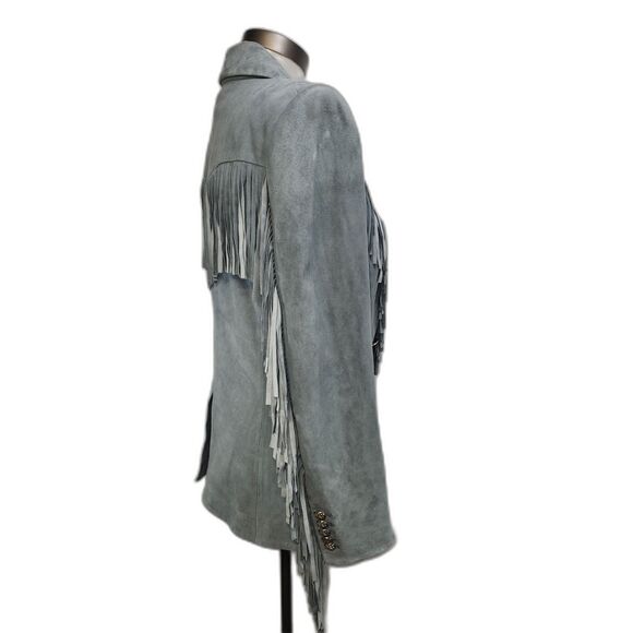 Veronica Beard Pali Fringed Suede Dickey Jacket Slate Blue Lambskin Size 8 - Picture 8 of 14